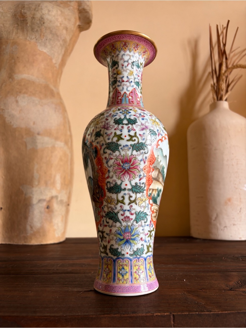 Vintage Chinese Famille Rose Porcelain Vase Figural Floral 11.5” Red Seal Mark
